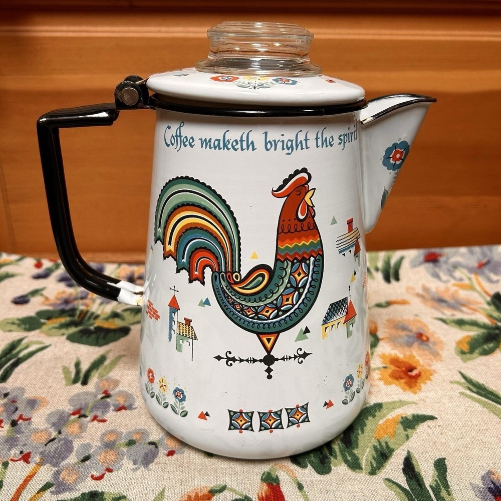 VTG BERGGREN Enamel Coffee Pot Swedish Rooster Tea Kettle Farm Folk Art Cottage